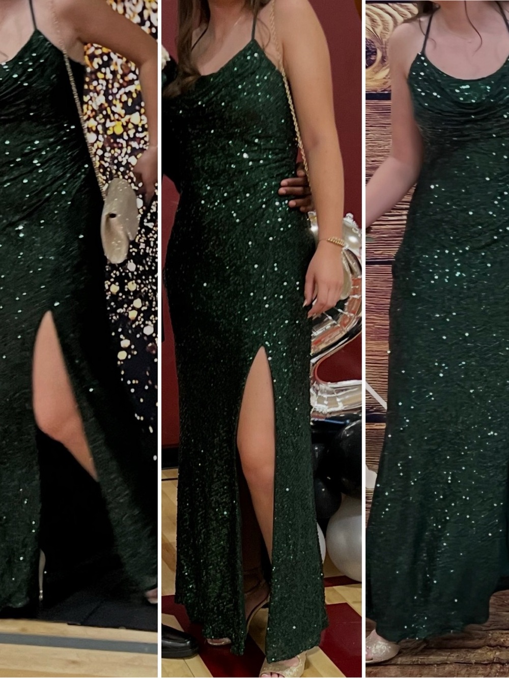 Morgan & Co. Emerald Green Sequin Cowl Neck Slit Gown